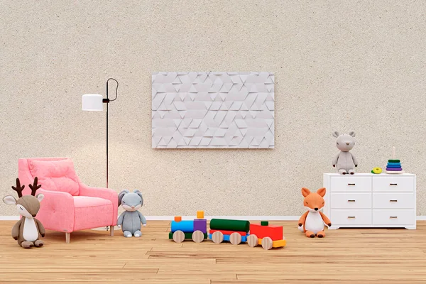 Children playroom with stuffed toy animals. 3d rendered illustration.