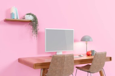 3D illüstrasyon pf boş bir bilgisayar ekranı woking tablo üzerinde.