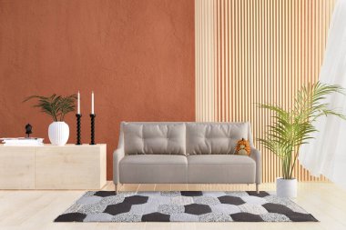 3d rendered illustration of a modern living room with orange painted wall.