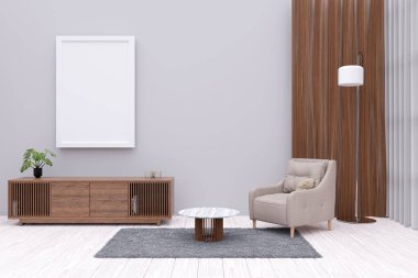 3d rendered illustration of a living room with large picture frame and wood panel.