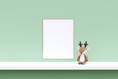 Doldurulmuş oyuncak hayvanlı boş resim çerçevesi beyaz bir rafta. 3d resimlendirme. 