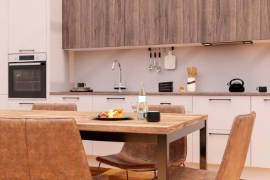 Modern bir mutfakta güneşli bir kahvaltı sahnesinin üç boyutlu çizimi. 