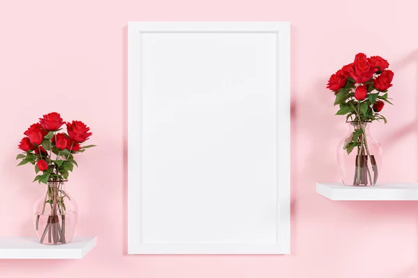 Moldura Branco Com Vasos Flores Aparador Branco Ilustração Renderizada — Fotografia de Stock