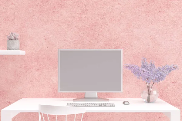 Rendered Illustration Desktop Computer White Wooden Woking Table Pink Granit — Foto Stock