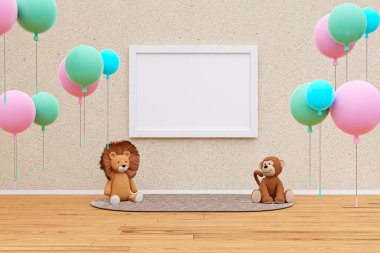 Çocuk oyun odasındaki resim çerçevesi. 3d resimlendirme.