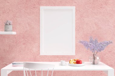 Beyaz bir masanın üzerinde boş bir çerçeve ile servis edilen bir kahvaltının üç boyutlu çizimi.