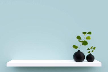 3D resimlendirilmiş beyaz ekran rafı ve kapalı bitki saksıları.