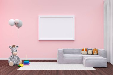 3 boyutlu resimli duvar çerçevesi modeli pembe duvarlı bir çocuk odasında..