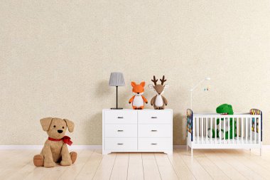 Oyuncak hayvanlarla dolu bir çocuk odasının üç boyutlu çizimi.