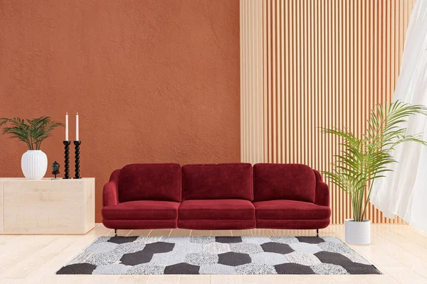 Renderizado Ilustración Gran Sofá Rojo Una Sala Estar Iluminada Por — Foto de Stock