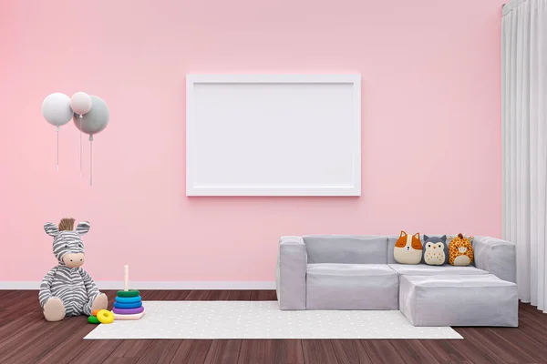 3d rendered illustration of  picture wall frame mockup in a pink wall children room.