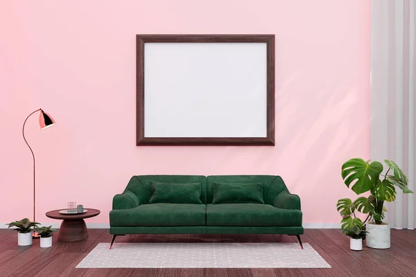 Mockup picture wall frame in a cozy sunlit living room. 3d rendered illustration.