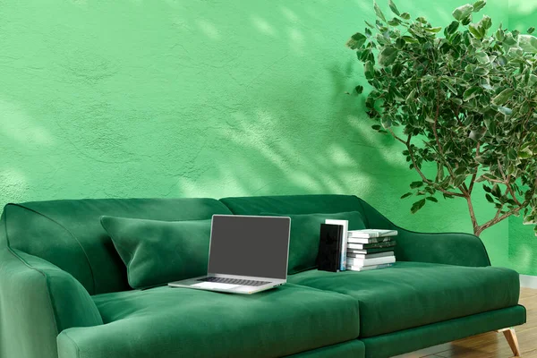 3d rendered illustration of a green sofa in a green sunlit living room.