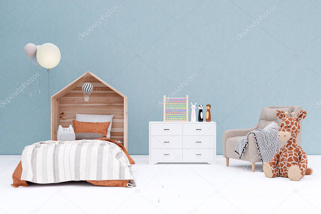 3d rendered illustration of blue wall children room and stuffed toy animals.