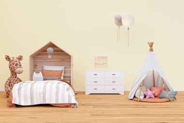Oyuncak hayvanları ve çadırı olan bir çocuk oyun odası. 3d resimlendirme. 