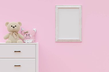 Doldurulmuş oyuncak ayı ve beyaz bir dolapta yumuşak yastık olan bir resim çerçevesi. 3d resimlendirme.