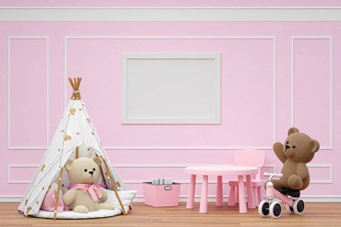 Oyuncak hayvanlarla dolu oyun odası ve çadır oynamak. 3d resimlendirme. 
