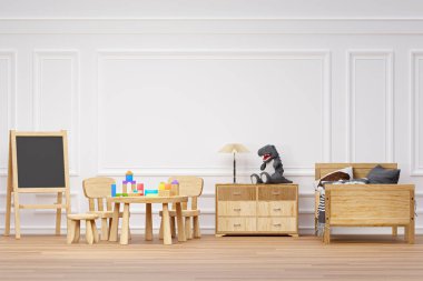 Kids bedroom with stuffed toy animals and writing board, 3d rendered illustration. 
