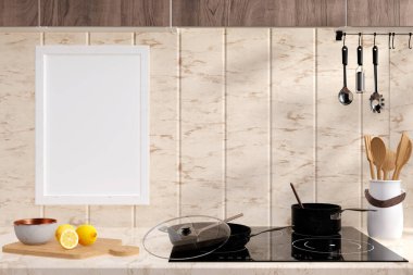 3 boyutlu modern bir elektrikli sobanın güneş ışığında pişirilmiş bir mutfakta pişirme gereçleriyle resmedilmiş hali..