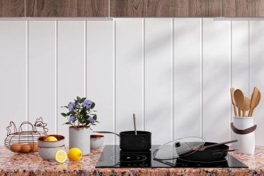 3 boyutlu modern bir elektrikli sobanın güneş ışığında pişirilmiş bir mutfakta pişirme gereçleriyle resmedilmiş hali..