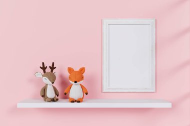 Doldurulmuş oyuncak hayvanların olduğu bir çerçeve. 3d resimlendirme.