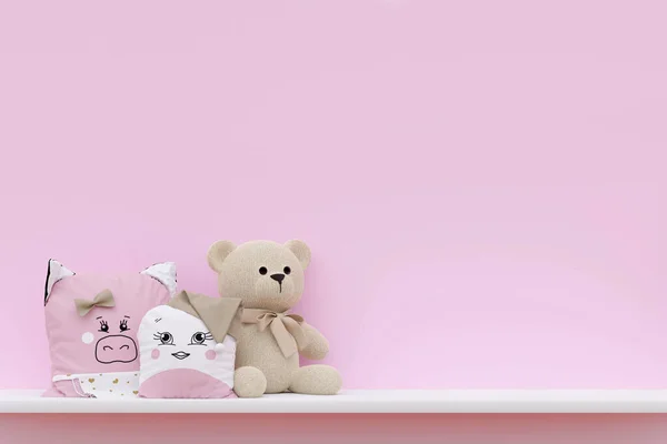 Stuffed toy teddy bear and animal pillows on white shelf. 3d rendered illustration.