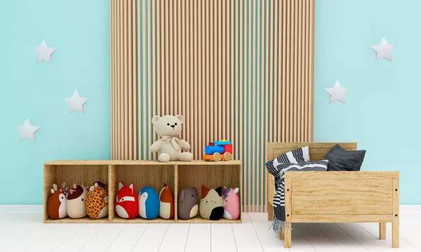 Kids bedroom with stuffed toy animals and squishmallow pillows. 3d rendered illustration.