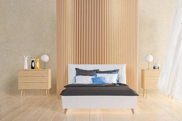 3d rendered illustration of a cozy bedroom with wood panel decoration.