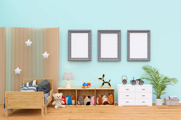 Kids Bedroom Stuffed Toy Animals Mockup Picture Frames Rendered Illustration — ストック写真