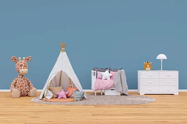 Kids playroom with stuffed toy animals and teepee. 3d rendered illustration.