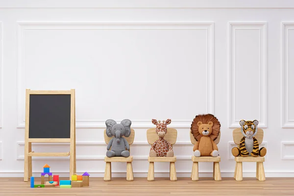 Kids playroom with stuffed toy animals wood stool and writing board. 3d rendered illustration.