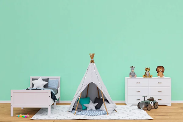 Oyuncak Hayvanları Çadırı Olan Bir Çocuk Oyun Odası Resimlendirme — Stok fotoğraf