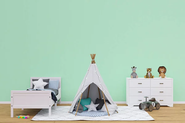 Kids playroom with stuffed toy animals and teepee. 3d rendered illustration.