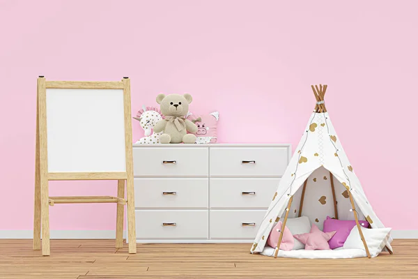 Kids playroom with stuffed toy animals and play teepee. 3d rendered illustration.