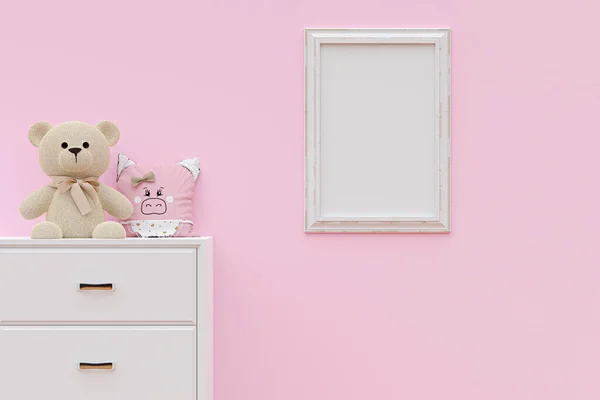 A mockup picture frame with stuffed toy bear and soft pillow on a white cabinet. 3d rendered illustration.