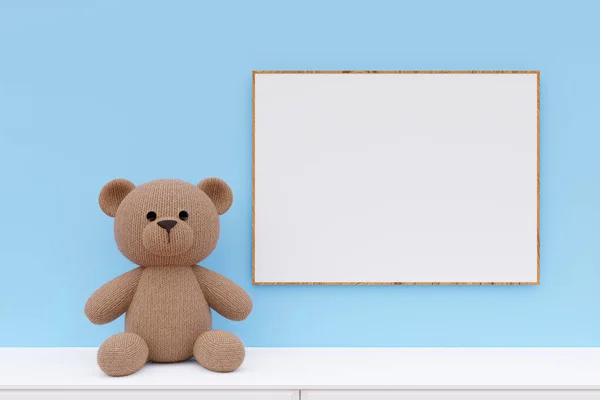 A mockup picture frame with stuffed toy teddy bear. 3d rendered illustration.