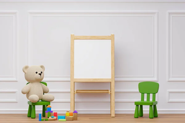 Kids playroom with stuffed toy animals and mockup writing board. 3d rendered illustration.