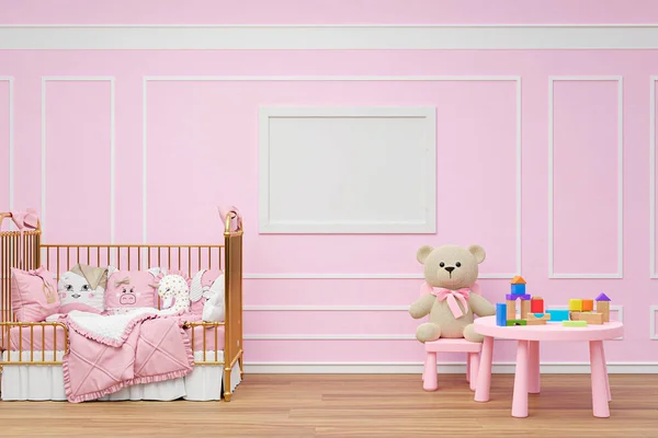 Kids bedroom with stuffed toy animals and mockup picture frame. 3d rendered illustration.
