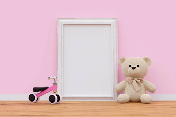 A mockup picture frame with stuffed toy teddy bear. 3d rendered illustration.