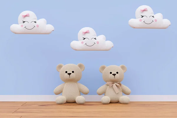 3d rendered illustration of cute teddy bears and squishmallow cloud pillows.
