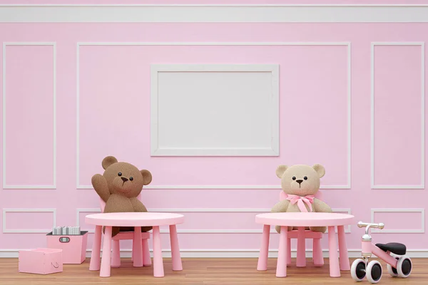 Kids playroom with stuffed toy animals and mockup picture frame. 3d rendered illustration.
