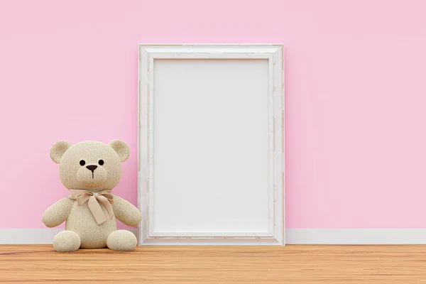 A mockup picture frame with stuffed toy teddy bear. 3d rendered illustration.