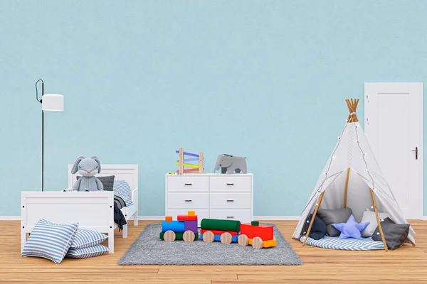 Kids bedroom with stuffed toy animals and play teepee. 3d rendered illustration.