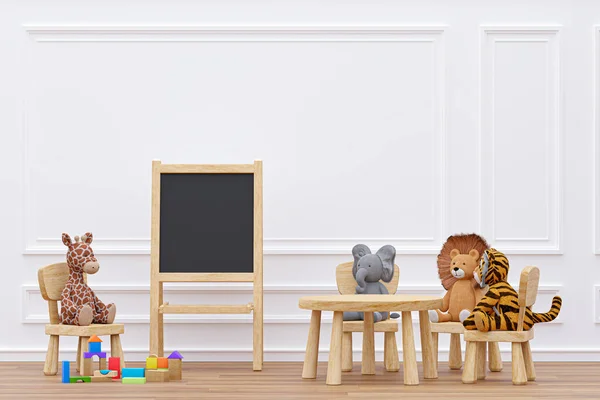 Kids playroom with stuffed toy animals and writing board. 3d rendered illustration.