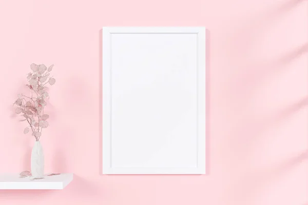 A mockup picture frame with flower vase on pink wall background. 3d rendered illustration.