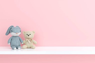 Stuffed toy animals on a white shelf. 3d rendered illustration.