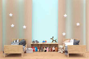 3d rendered illustration of children room and stuffed toy animals.