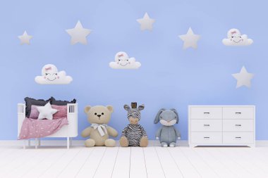 3d rendered illustration of children room and stuffed toy animals.