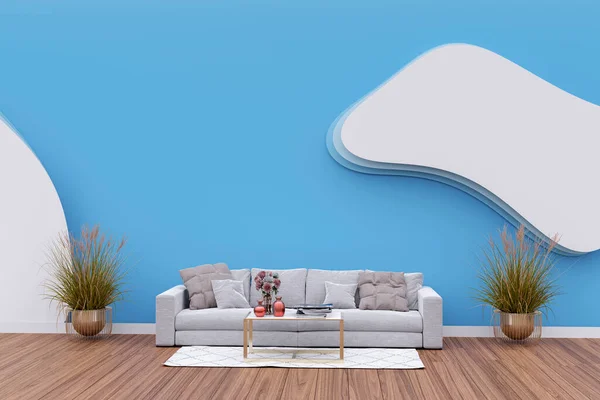 Living room with cozy sofa and wall decoration. 3d rendered illustration.