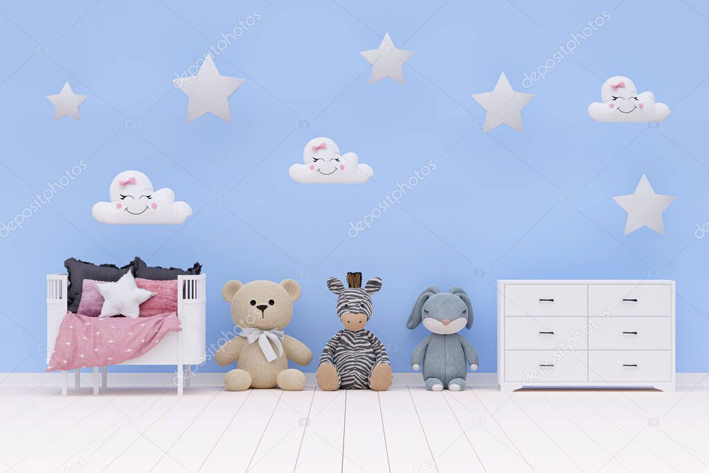 3d rendered illustration of children room and stuffed toy animals.